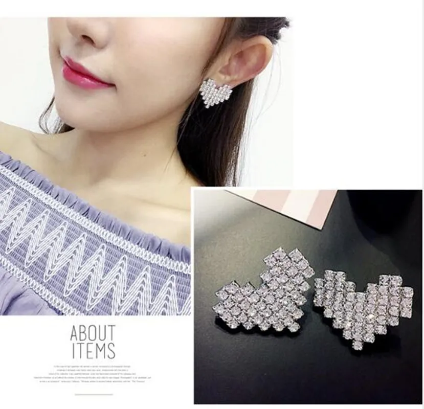 

SexeMara Fashion Love Heart Stud Earring With Rhinestones Crystal Silver Color Large Earring Women Luxury Party Wedding Jewelry