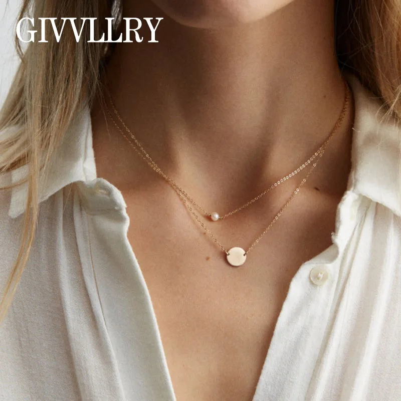 

GIVVLLRY Elegant Layering Chain Necklace for Women Minimalist Gold Color Round Sequin Imitation Pearl Pendant Collar Necklace