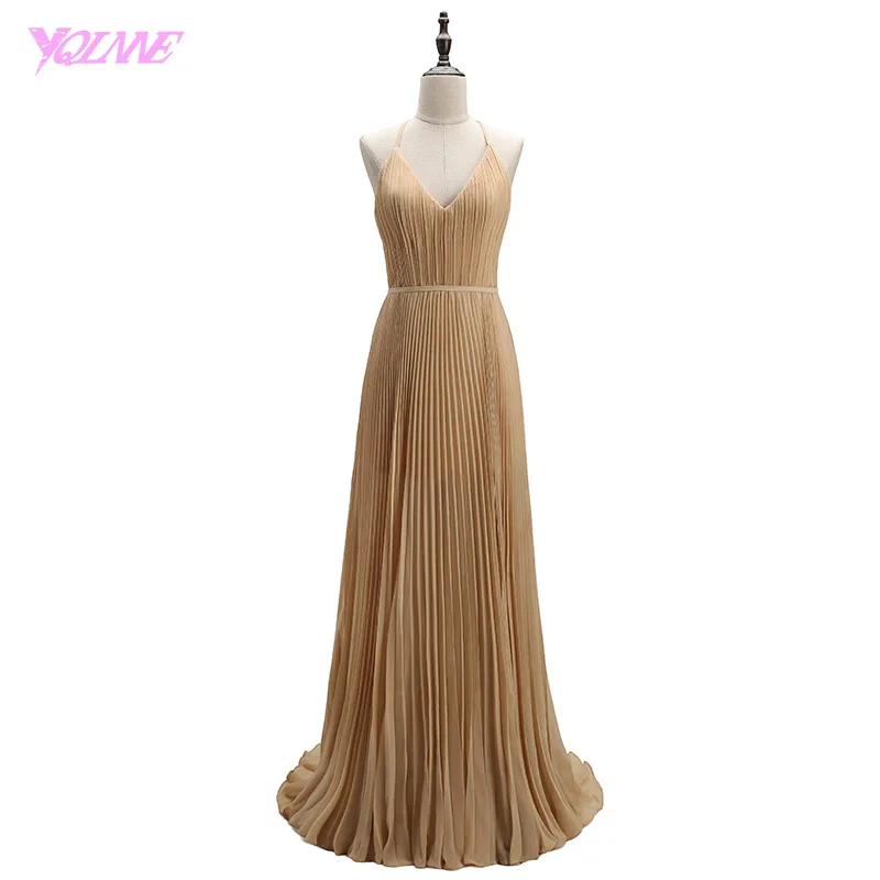 

YQLNNE 2018 Selena Gomez Prom Dresses Champagne Long Crepe Pleats Red Carpet Dress Vestido De Festa