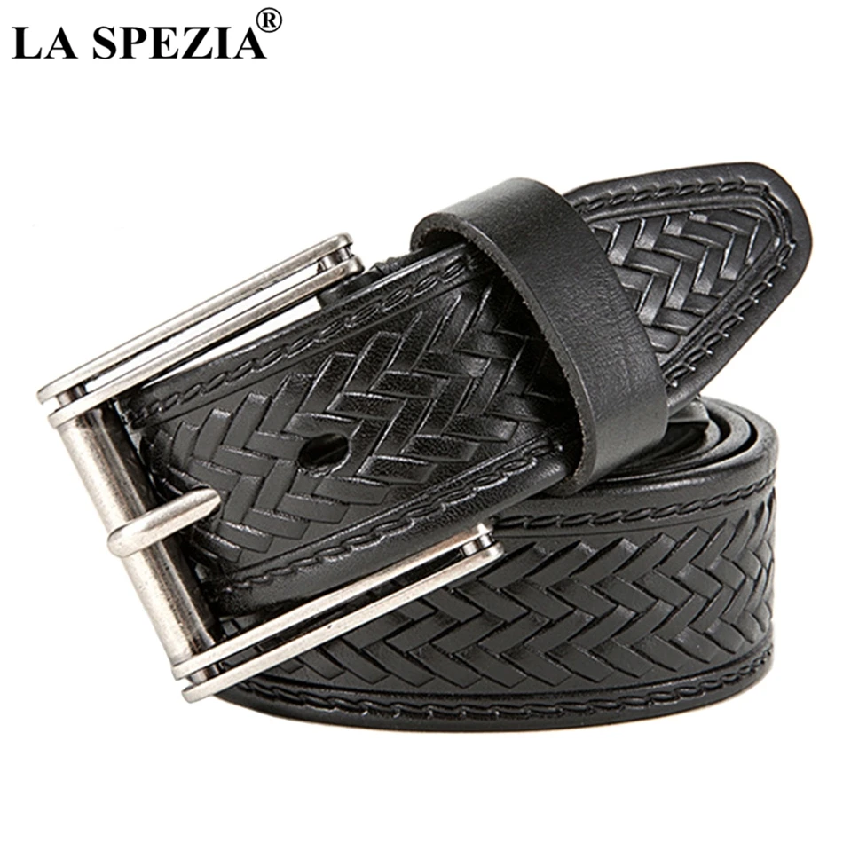 

LA SPEZIA Men Belt Genuine Leather Pin Buckle Belt Male Black High Quality Real Leather Cowhide Fashion Square Belt For Jeans