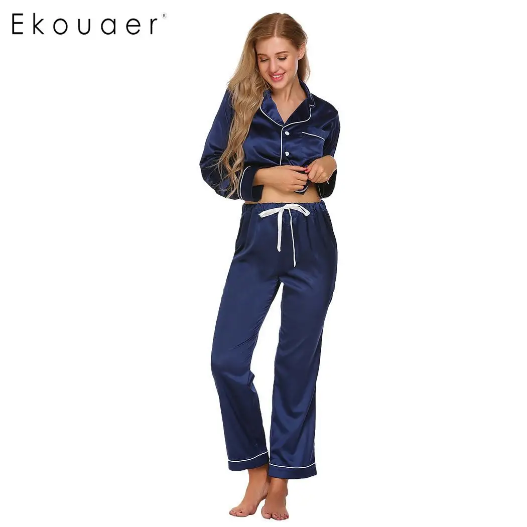 

Ekouaer Autumn Pajamas Sets Women Casual Nightwear V-Neck Long Sleeve Patchwork Tops with Elastic Waist Pants Sleepwear Sets