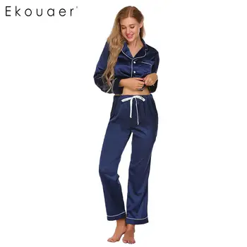 

Ekouaer Autumn Pajamas Sets Women Casual Nightwear V-Neck Long Sleeve Patchwork Tops with Elastic Waist Pants Sleepwear Sets