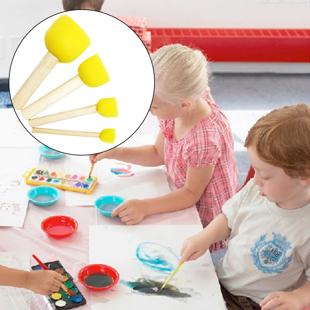 

4 Pcs Paint Brush Drawing Gift For Children Graffiti Sponge Toys Painting Wood Handles Round