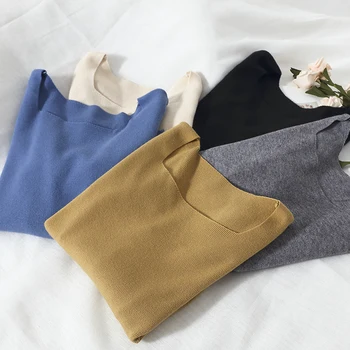 

2019 autumn new thin knitted women sweaters and pullovers slash neck solid short slim casual lady pulls bottoming tops