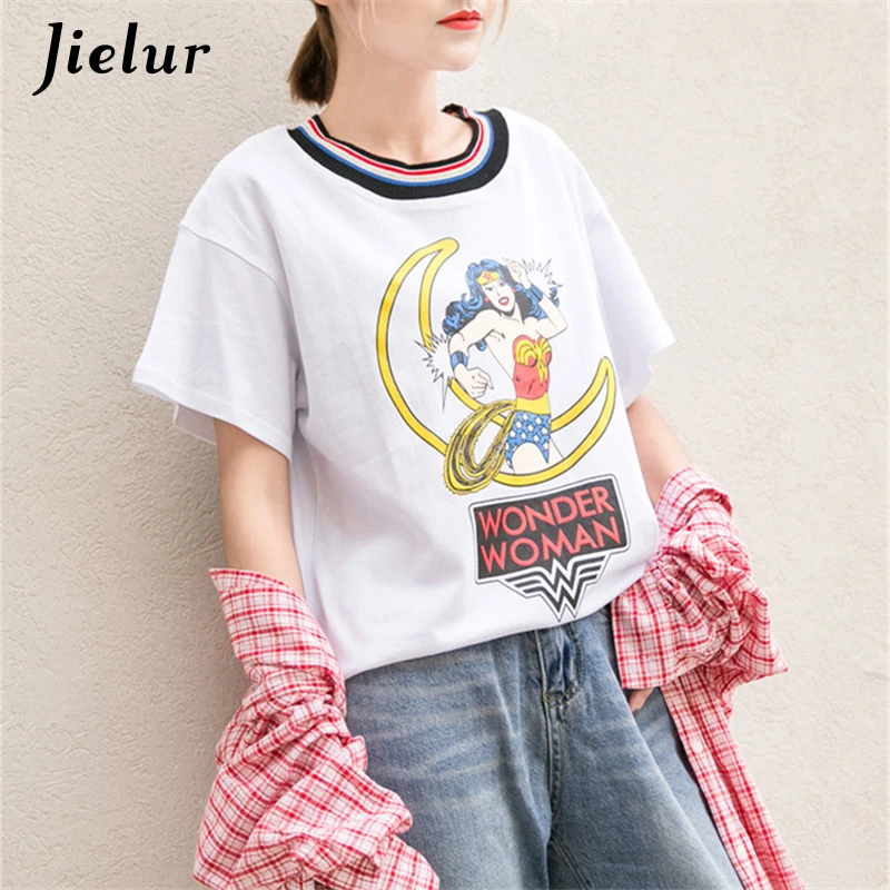 

Summer Fashion Harajuku White T shirt Female Loose Rainbow Stripe Collar Cartoon Printed Tops Short Sleeve Casual T-shirts Women