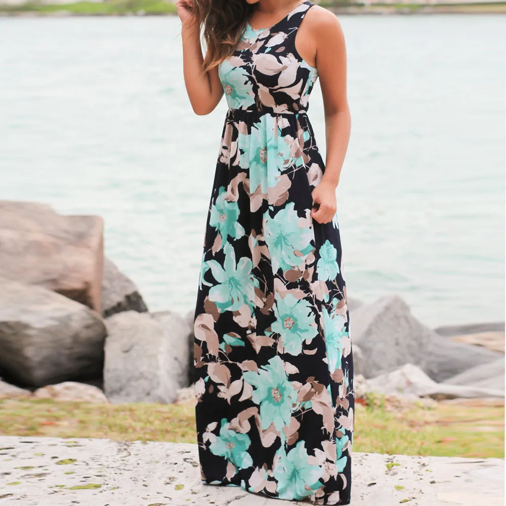 

Funny Ladies Sleeveless Printed Floral with Pocket Backless Dress Long solid Beach Dress Summer Sexy Maxi Dress Vestidos*n