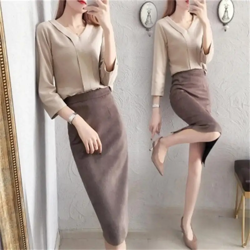 

Women's Fashion Set Spring new women's fashion temperament package hip skirt suit tide V collar shirt & skirt two-piece summer