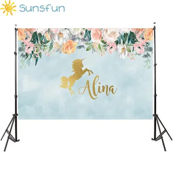 

Sunsfun 7x5ft Birthday Party Flower Gold Unicorn 1st Baby Shower Custom Photo Studio 220x150cm