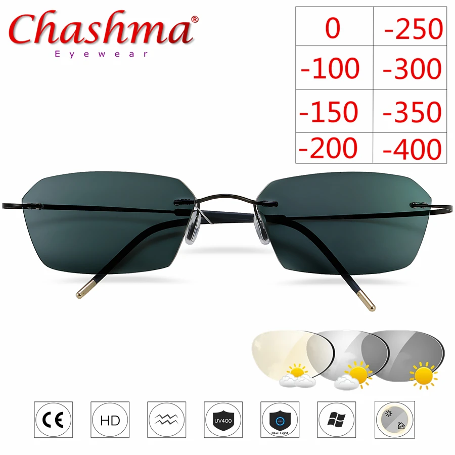 NEW Titanium Rimless Glasses Myopia Glasses Photochromic glasses Women Chameleon Glasses Lens with Diopters -1.0 1.5 2.0 2.5 3.0
