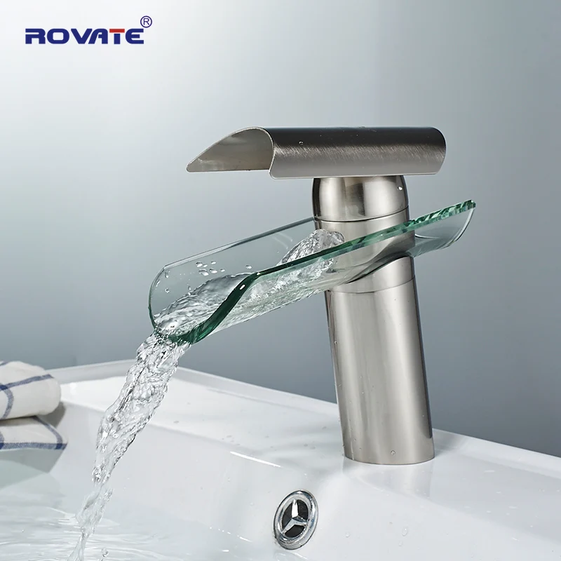 ROVATE Single Handle Waterfall Lavatory Bathroom Faucet Glass Spout Hot and Cold Mixer Grane Brass Brushed nickel