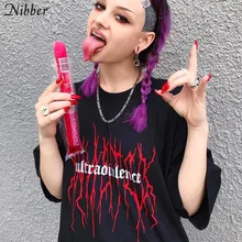 Nibber летний Готический Повседневный Свободный Топ, женская футболка, модная футболка с буквенным принтом и круглым вырезом, короткий рукав, средней длины, базовая уличная одежда, футболка