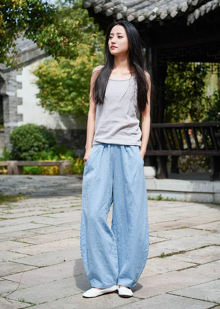 LZJN 2019 New Women Solid Color Pockets Loose Pants Vintage Elastic Waist Cotton Linen Wide Leg Full Length Pants (15)