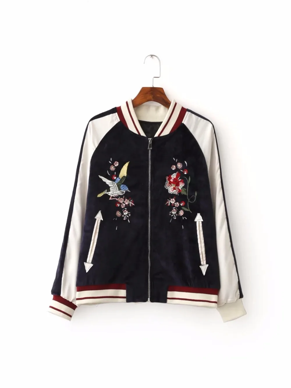 Flower bird embroidered baseball jacket velvet jacketin Basic Jackets