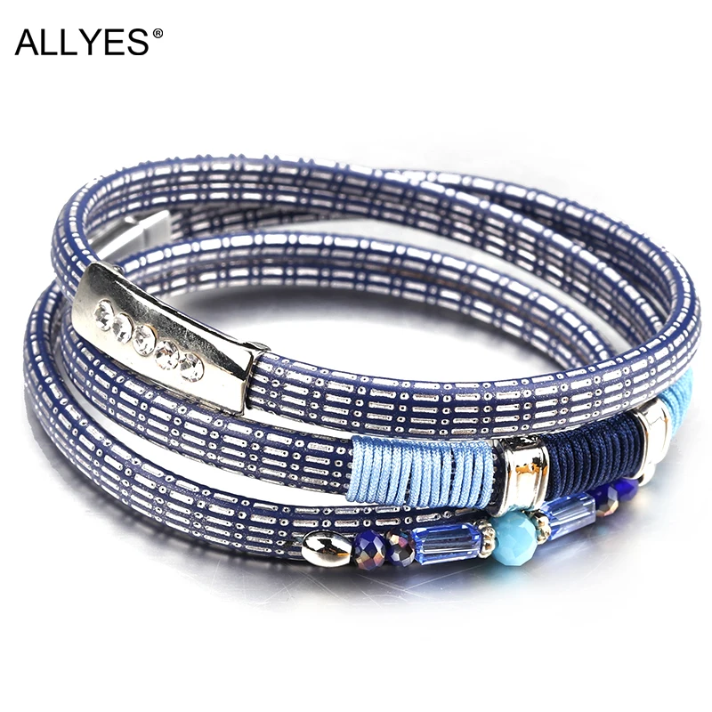 

ALLYES Blue Plaid Leather Bracelets For Women Trendy Handmade Bohemian Bangle Crystal Charm Multilayer Bracelet Femme Jewelry