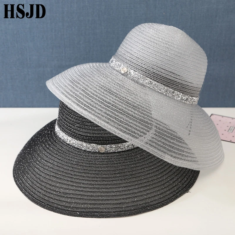 Summer Elegant Wide Brim Beach Hat Hepburn Style Rhinestone Belt Sun Hats Female Foldable UV Protection Sun Visor Caps