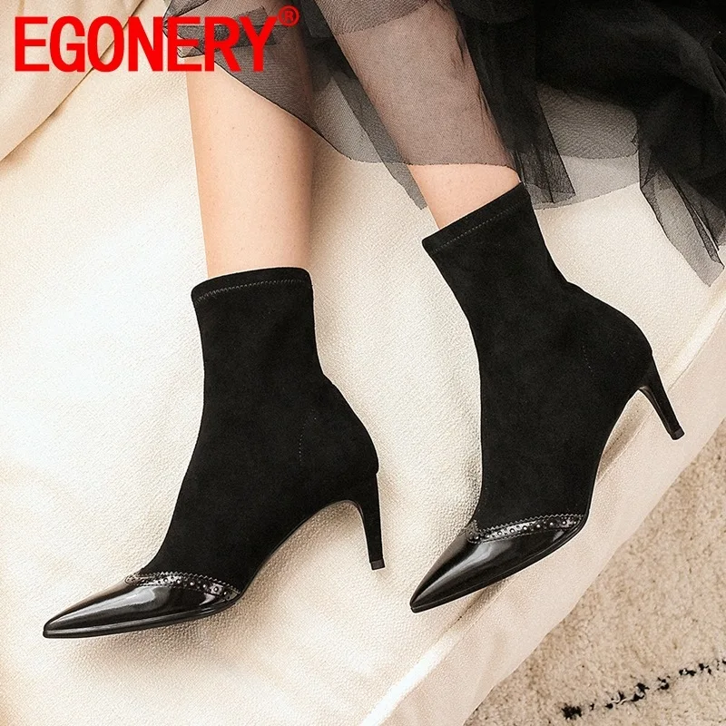 

EGONERY woman shoes 2019 autumn new fashion sexy pointed toe genuine leather ankle boots outside high heels slip-on ladies shoes