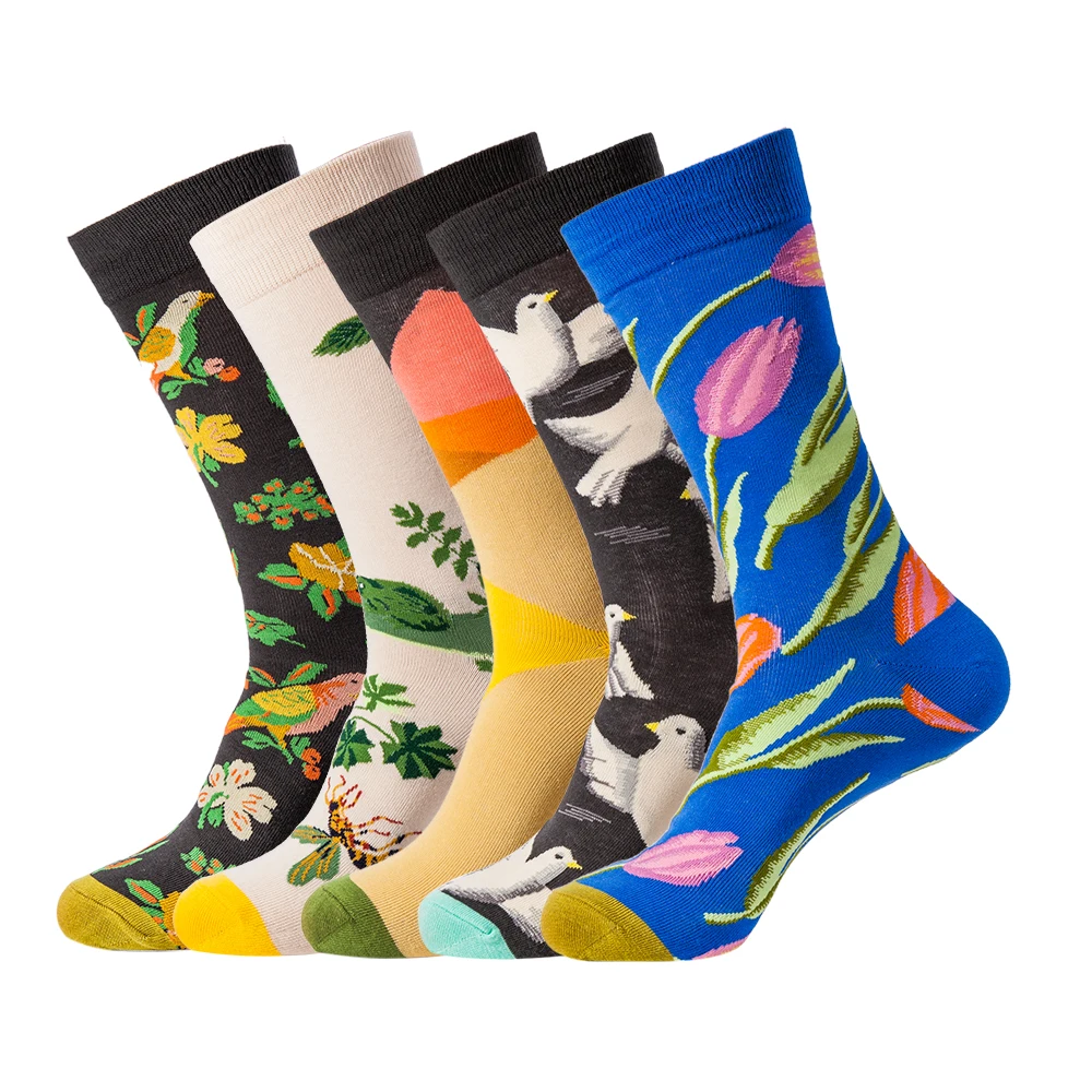 5 Styles Men Socks Combed Cotton Plant Crew Socks Cartoon Birds Women