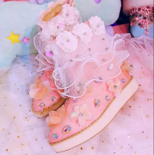 Main C D'hiver Doux La Et Bas 2018 Chaussures Talons Automne Coton Japonais Paillettes Court Fleur Nouvelle Dentelle Femelle Épais Tube À Rose Pointu qAf1q8EwW