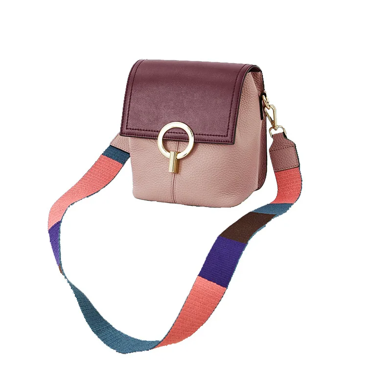 

Contrast leather bucket handbag 2019 new fashion wild net red female bag slung wide shoulder bag.