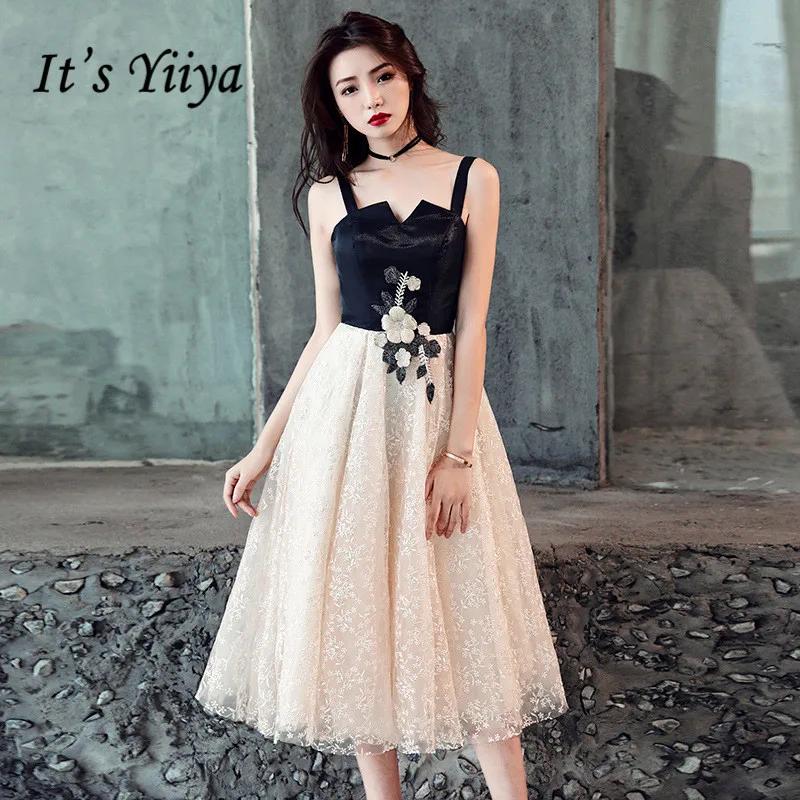 

It's YiiYa Prom Dress Appliques Snow Pattern Pachwork Short Party Dresses Sexy Spaghetti Strap Lace Up Formal Gown E026