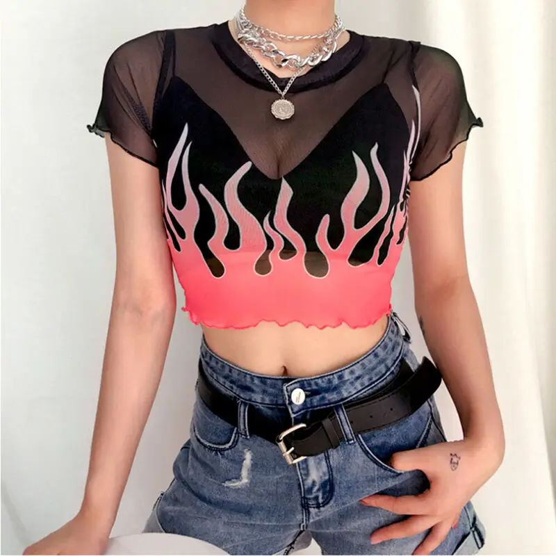 

Sexy Women Ladies Hot Summer Sheer Mesh Short Sleeve Crew Neck See-Through Crop Tops T-Shirt Casual Skinny Unique Beach Tees