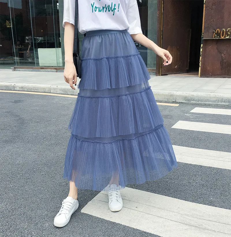 Высокая талия юбка Весна Лето Новая мода деревянный ухо сторона элегантная длинная юбка фея плиссированная сетчатая юбка темперамент женская одежда