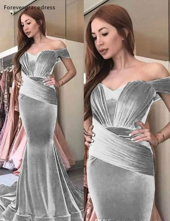 Newest Velvet Mermaid Evening Dresses 2019 Elegant Off Shoulder Evening Gowns Pleated Floor Length Formal Party Dress BC0371  119 (4)