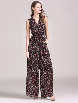 

Women Jumpsuit Sleeveless V neck Print Wide Leg Casual One Piece Outfit