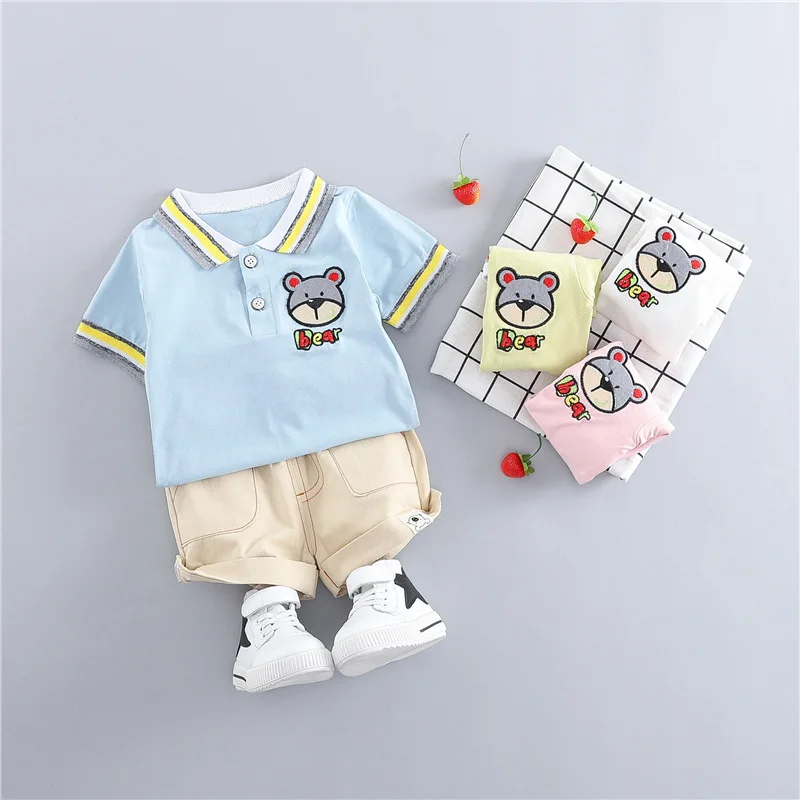 

New Summer Unisex Baby Set Blue Yellow Cartoon Bear T-shirt & Shorts 2pcs Baby Boy Clothes Outfit Fashion Pink Newborn Girl Suit