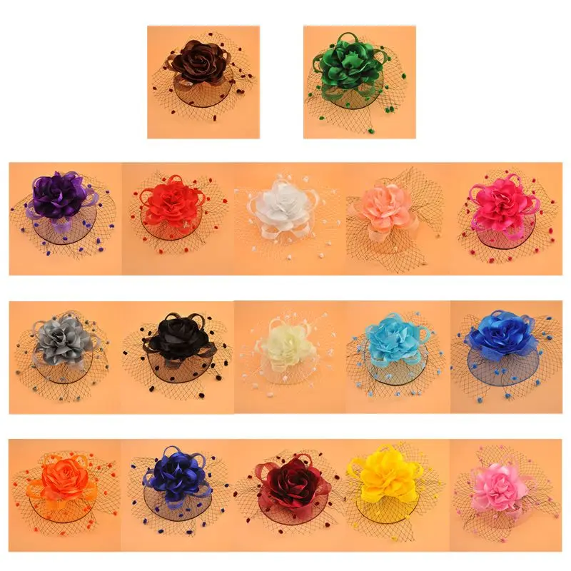 

Womens Kids Girl Mesh Veil Hat Hair Clip Elegant Ribbon Big Flower Fascinator Small Plush Wave Point Bridal Wedding Hairpins