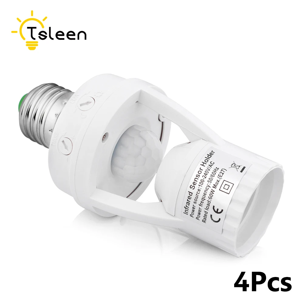 

TSLEEN 4x High Sensitivity PIR Motion Sensor E27 LED Lamp Base Holder With Light Control Switch Infrared Induction Bulb Socket