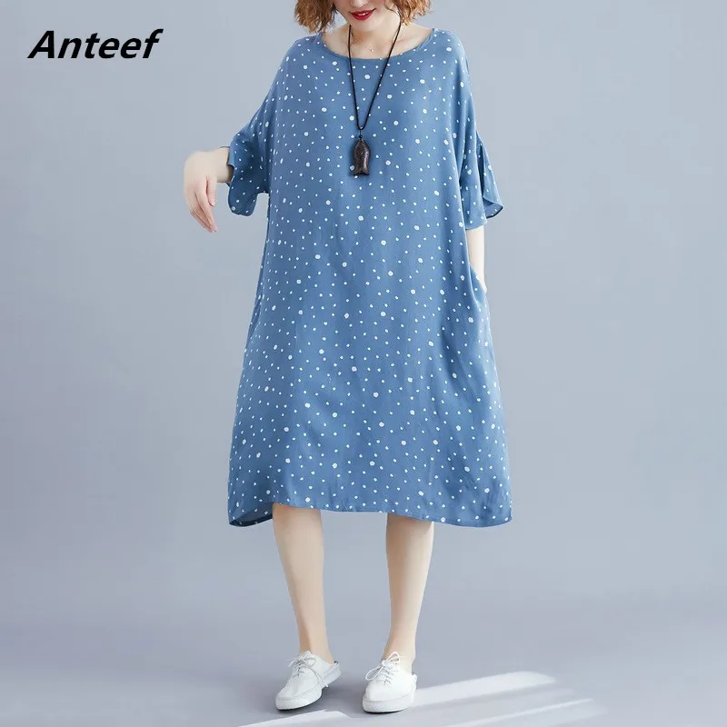 

blue chiffon vintage Polka Dot plus size women casual loose midi summer sun dress elegant clothes 2019 ladies dresses sundress