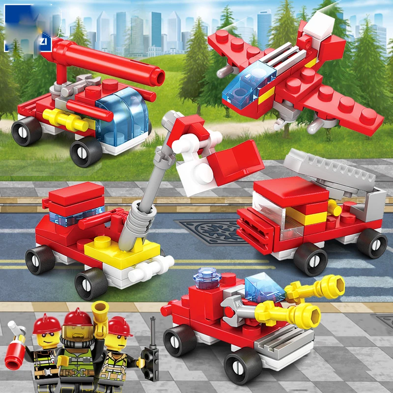 

8 in 1City Fire Fighter Truck Helicopter LegoINGLY Building Blocks Sets Fire Rescue Fireman Figures Bricks Toys for Children
