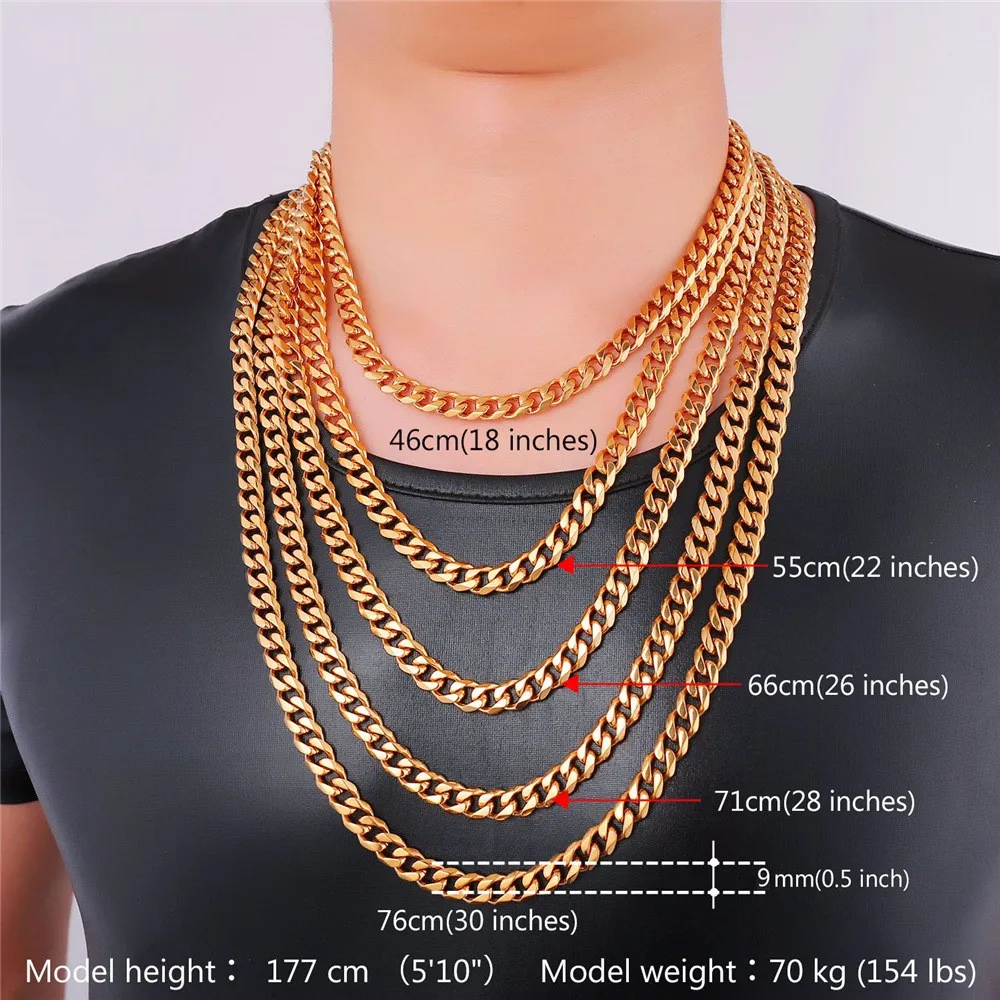 9mm Mens Link Chain Necklace Gold Color 