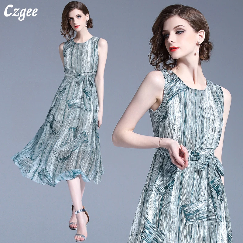 Czgee Women summer dress Fashion Casual sleeveless Print vest dress Elegant Slim Vintage dress Plus size women vestidos Dresses