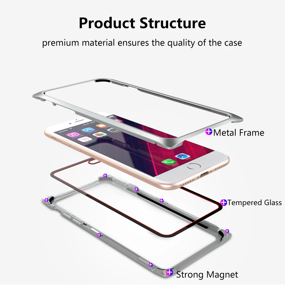 Чехол для iPhone 8 Роскошный тонкий жесткий магнитный металлический алюминиевый прозрачный защитный чехол для iPhone 7 для телефона из закаленного стекла