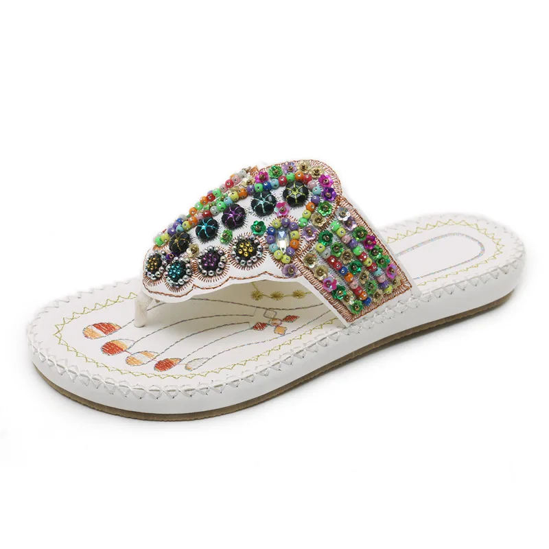 

flip flops women shoes slippers wedges slides plush big size 35-45 14 Bohemian Pearl Drilling Slope Retro Embroidery Slipproof