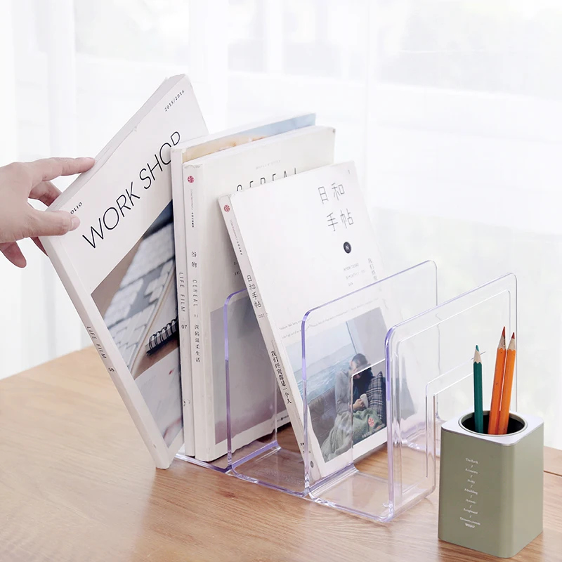 واضح الاكريليك الدفتين القهوة Plasic مجلة تخزين حامل كتاب حامل رف القرطاسية المدرسة الرف المنظم طاولة مكتبية اكسسوارات
