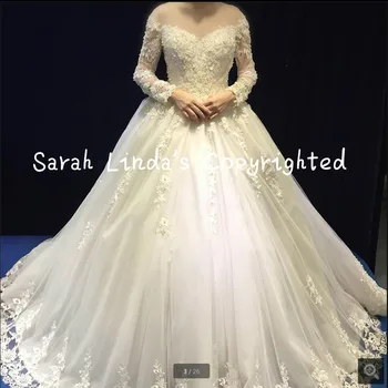 

2016 new arrival ball gown long sleeve jewel neck sexy wedding dress princess beading sequins long bride gowns best selling