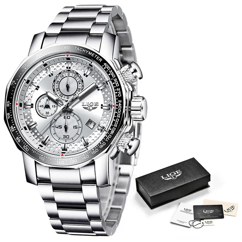 Новые мужские часы LIGE, модные кварцевые часы с хронографом из нержавеющей стали, мужские повседневные водонепроницаемые спортивные часы, мужские часы - Цвет: Silver White