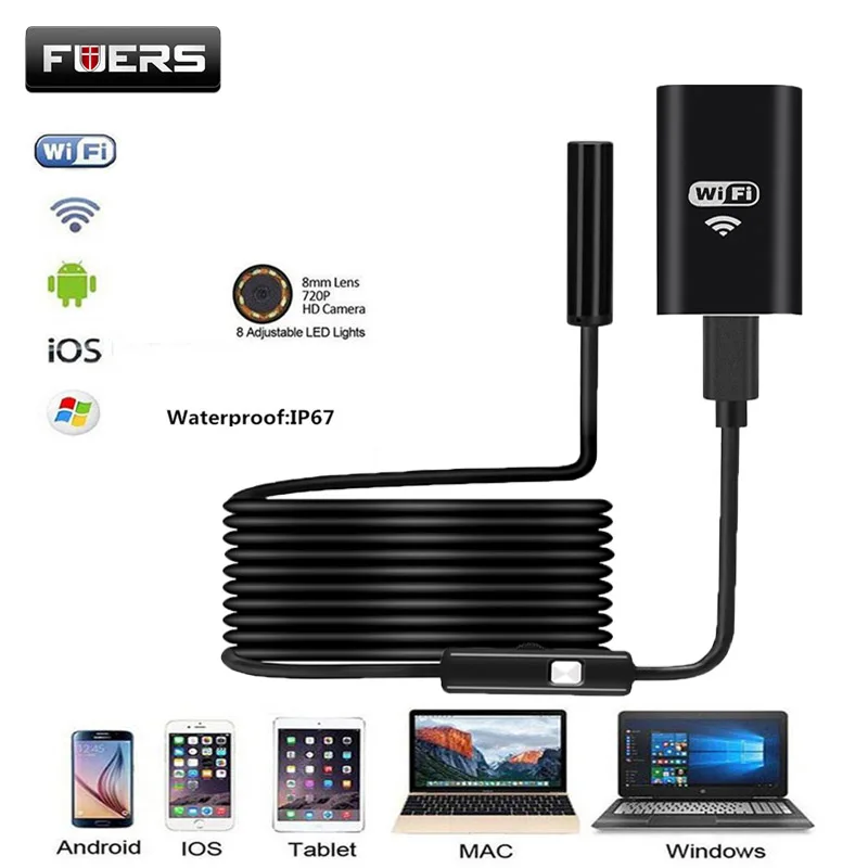 Fuers HD 720P Wifi эндоскоп камера 8 мм объектив мягкий провод 1 м 2 м 8 светодиодный водонепроницаемый мини Инспекционная камера для Android IOS