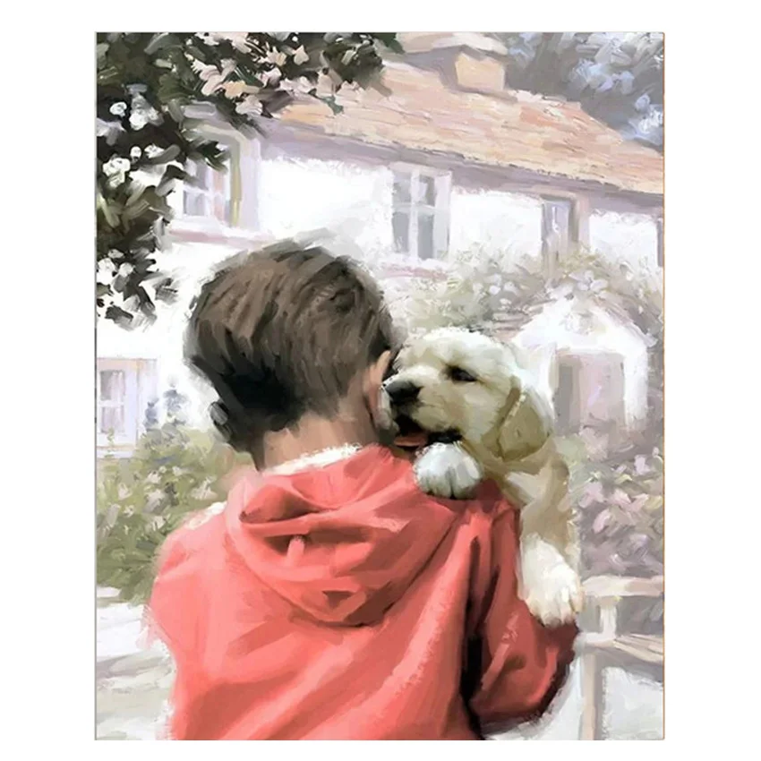 

RIHE Boy Hug Dog Painting By Numbers Child Animal Oil Painting On Canvas Hand Painted Cuadros Decoracion Acrylic Paint Wall Art