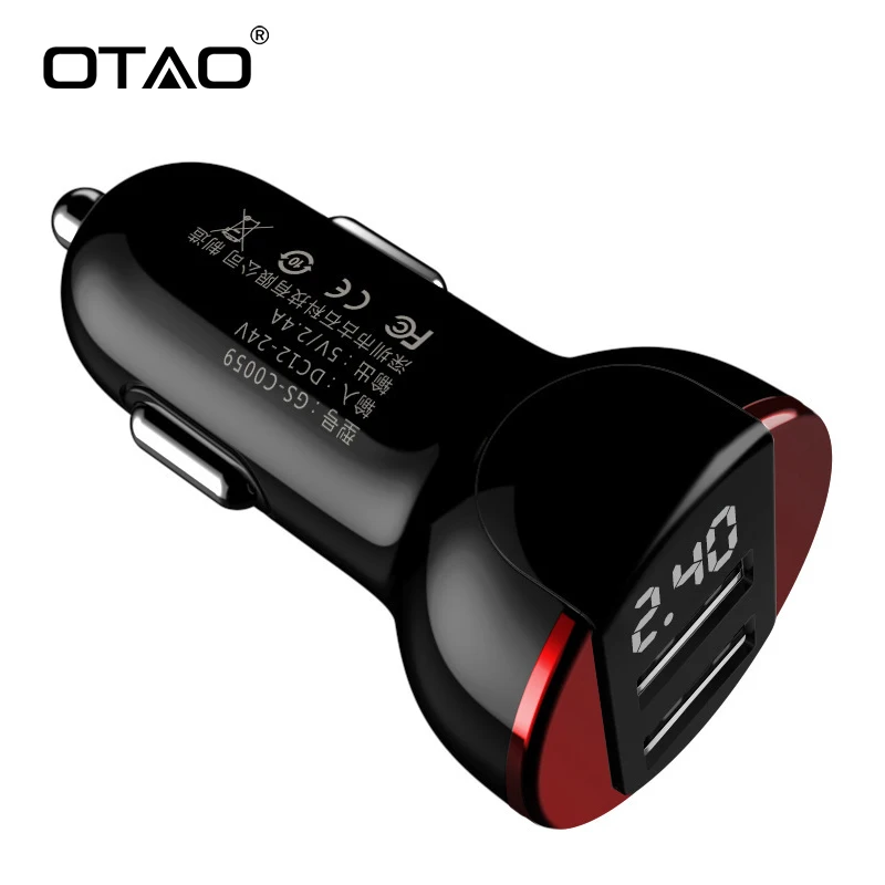 

OTAO 2.4A Dual USB Smart Universal Car Charger Display LED Screen Voltage Indication Fast Charging Phone 5V Double USB Charger