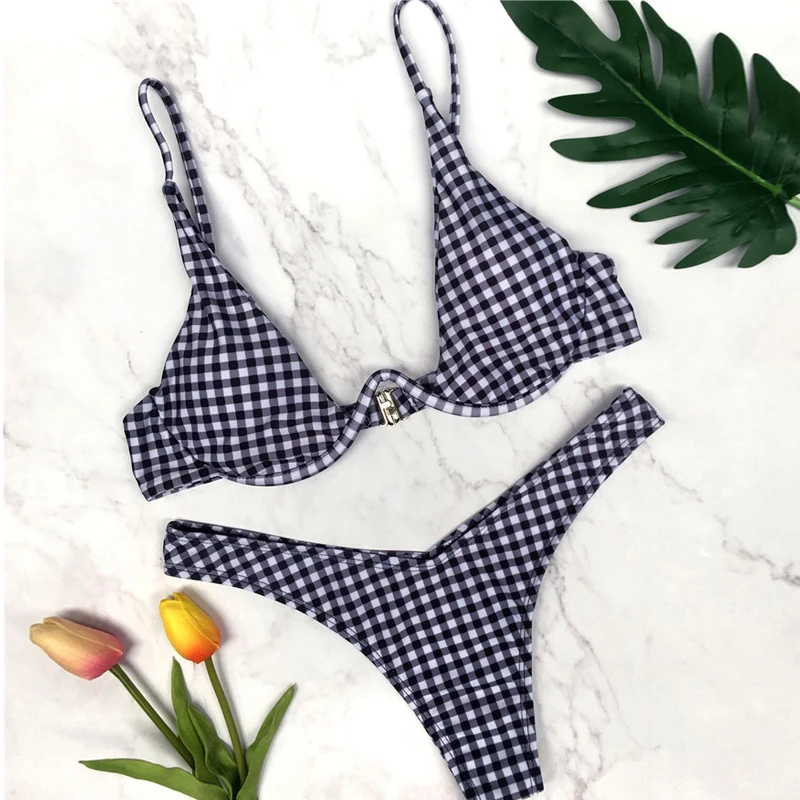 Plaid Bandage Bikinis Set 2018 New Sexy Push Up Swim Bathing Suits Swimwear (4)