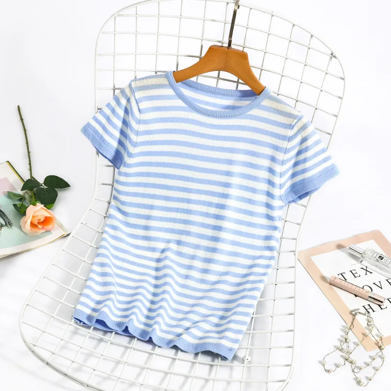 

SINGRAIN Women Summer Striped T-shirt O Neck Casual Fashion Loose Knitted t shirt Short Sleeves Basic Cool Ice Silk Knit Tops