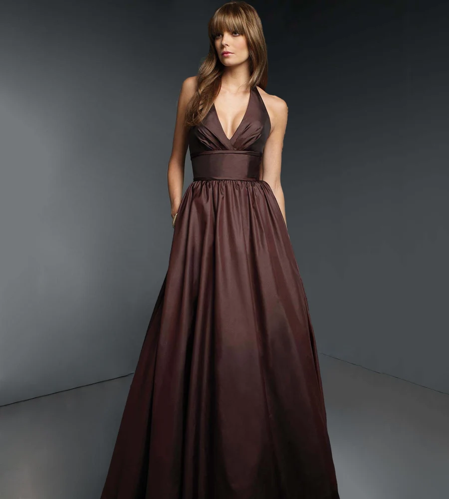 Pf513 elegante Brown plissado tafetá andar de comprimento Vestidos 2016