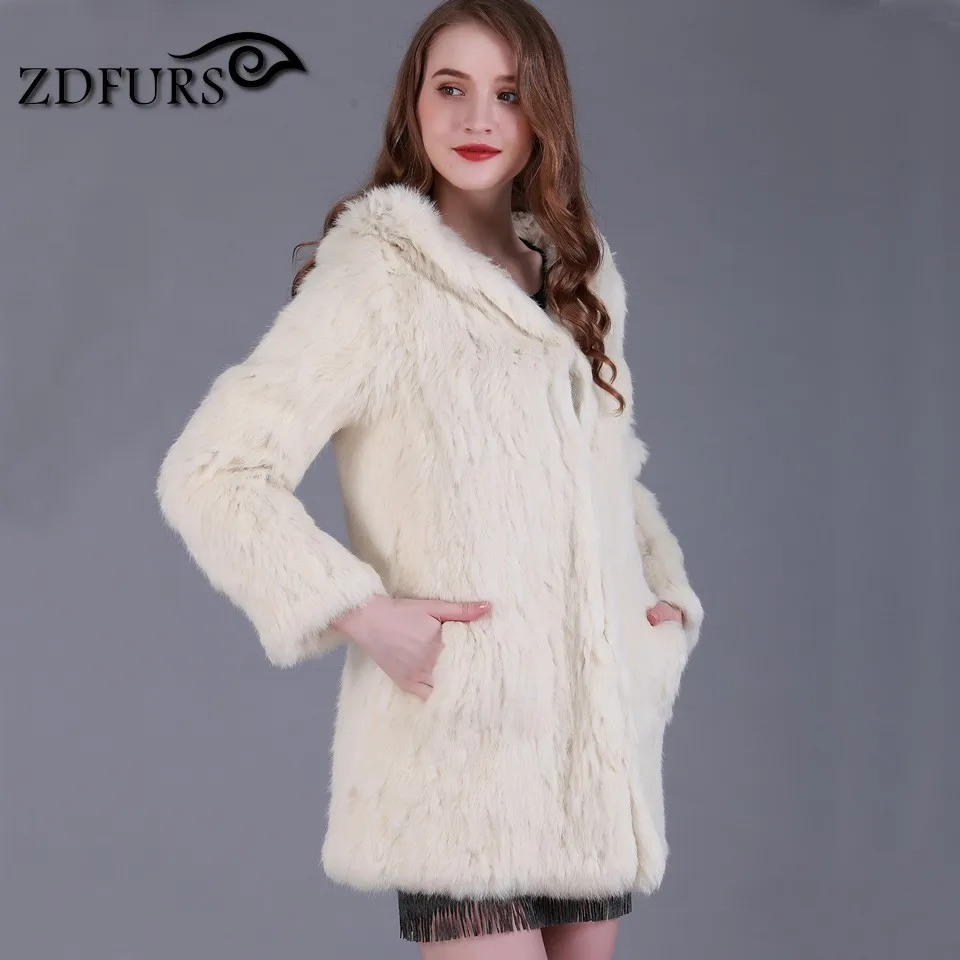 ZDFURS * Новинка ручная работа вязаное пальто из кроличьего меха с капюшоном длинная