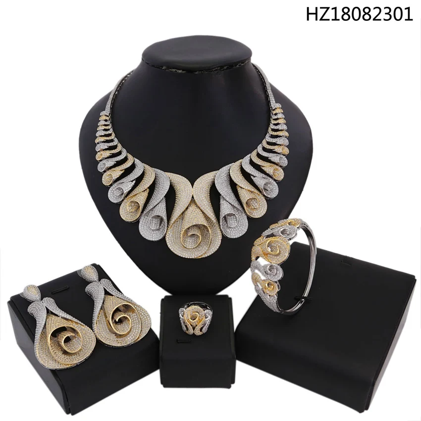 

YULAILI Luxury New Arrival Jewelry Sets Wedding Cubic Zirconia Statement Necklace Earrings Sets for Women Bangle Ring
