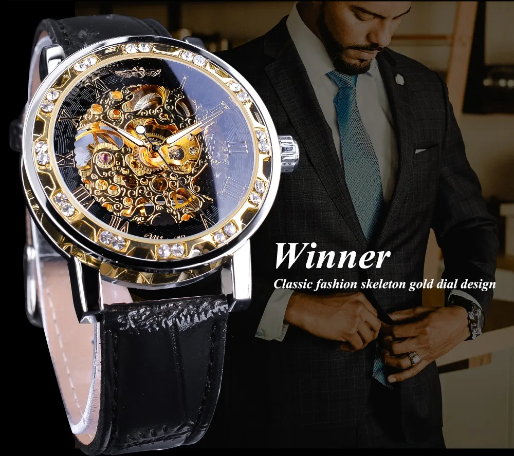 Winner Black Golden Retro Luminous Hands Fashion Diamond Display Mens Mechanical Skeleton Wrist Watches Top Brand Luxury Clock