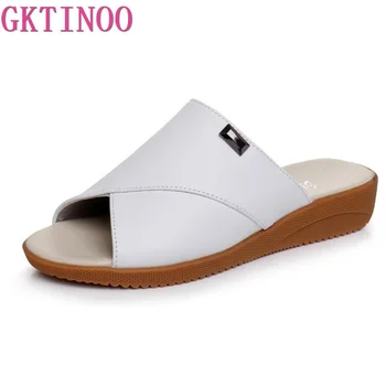 

GKTINOO Women Slipper Flat Sandals Geunine Leather Peep toe Female Sandals Ladies Mules Clogs Summer Shoes Big Size 34-43